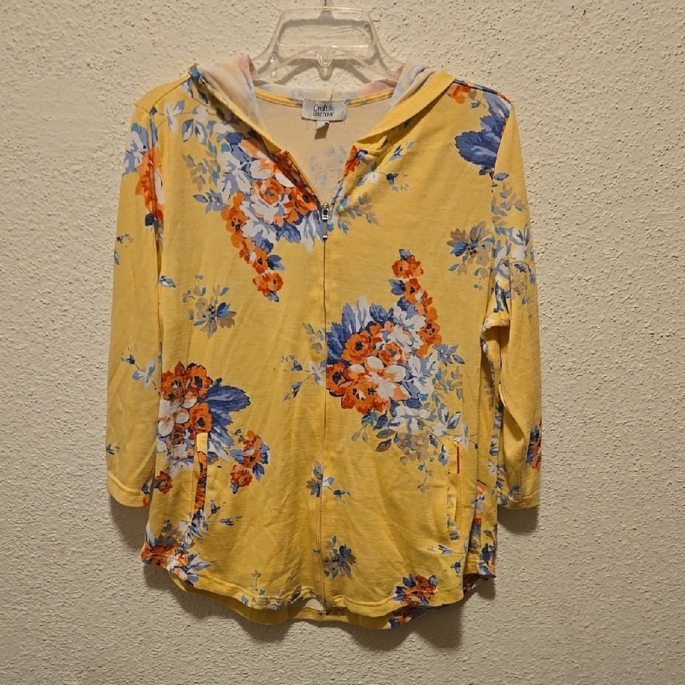 B11 Croft & Barrow Yellow Floral Women's Zip Up Hooded Top 3/4 Sleeve Sz Lg